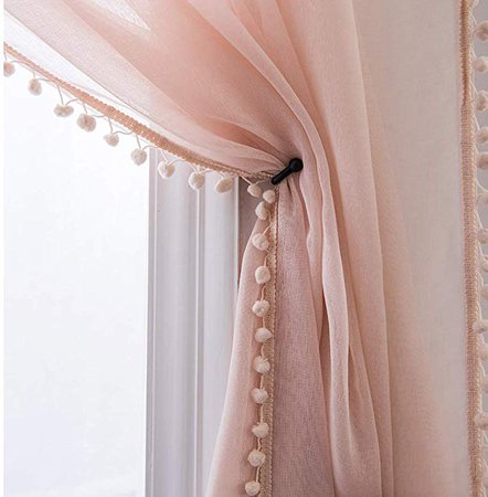 AmazonSmile: Selectex Linen Look Pom Pom Tasseled Sheer Curtains - Rod Pocket Voile Semi-Sheer Curtains for Living and Bedroom, Set of 2 Curtain Panels (52 x 63 inch, Blush): Home & Kitchen