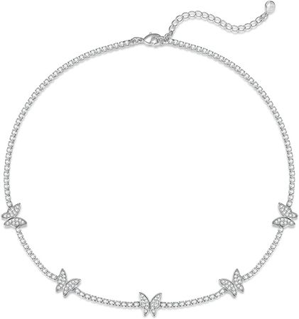 Amazon.com: Luxval Tennis Necklace Butterfly 14K Silver Plated Choker Necklaces for women Dainty Zirconia Cut Faux Diamond chain 2mm Width 14Inches: Clothing, Shoes & Jewelry