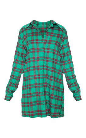 PRETTYLITTLETHING Green Slogan Checked Shirt Dress | PrettyLittleThing
