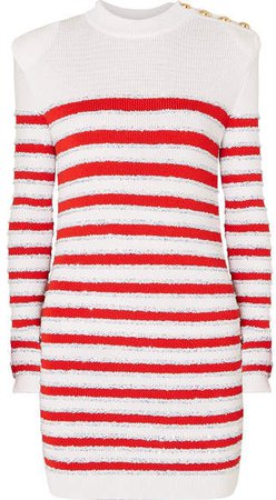 Button-embellished Sequined Striped Stretch-knit Mini Dress - White