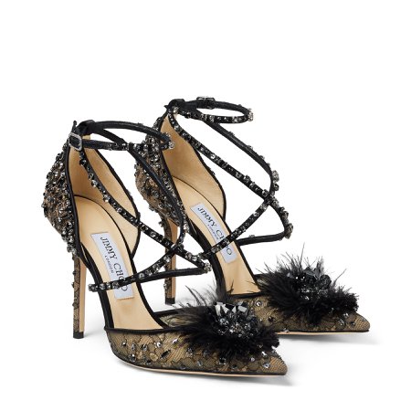 Black Lace Wraparound Heels with Feather and Crystal embellishment|Cruise '20| JIMMY CHOO