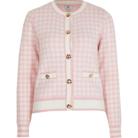 Pink houndstooth knit cardigan | River Island