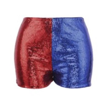 red and blue Harley Quinn shorts