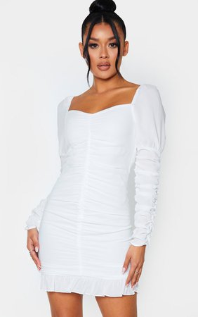 White Ruched Frill Hem Bodycon Dress | PrettyLittleThing USA