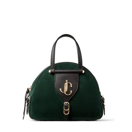 Dark Green Suede and Black Vacchetta Leather Bowling Bag with JC Logo|VARENNE BOWLING/S| Autumn Winter 19| JIMMY CHOO