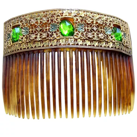 Victorian-hair-comb-green-glass-stones