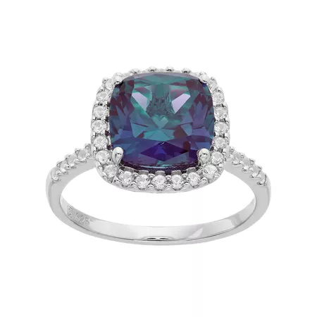 Sterling Silver Lab-Created Alexandrite & White Sapphire Cushion Halo Ring