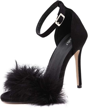 Amazon.com | MMJULY Women's Open Toe Ankle Strap Fluffy Feather Stiletto High Heel Dress Sandal Black US 8 | Heeled Sandals