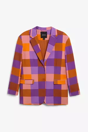 Purple and orange check pattern oversize classic blazer - Purple & orange - Monki GB
