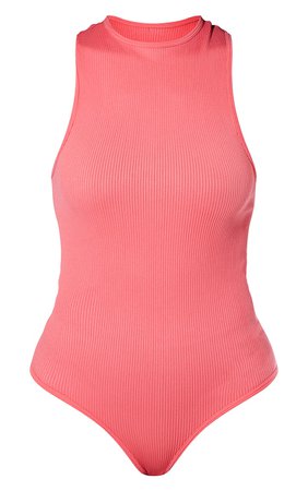 Coral Structured Contour Racer Neck Ribbed Bodysuit