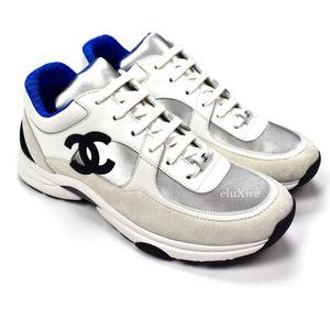 Chanel - White & Blue Leather Classic Monogram Logo Trainer Sneakers – eluXive