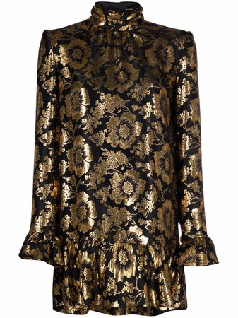 Saint Laurent long-sleeve ruffle-detail dress black & gold 661829Y6C85 - Farfetch