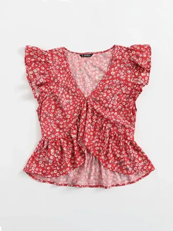 Ruffle Armhole Ditsy Floral Peplum Top | SHEIN USA red