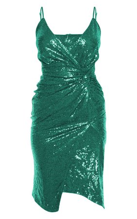 Emerald Green Sequin Twist Front Strappy Midi Dress | PrettyLittleThing USA