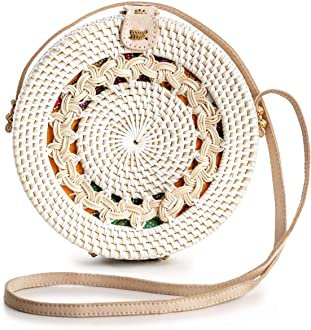 Rattan Bags for Women - Handmade Wicker Woven Purse Handbag Circle Boho Bag Bali (White Pattern): Handbags: Amazon.com