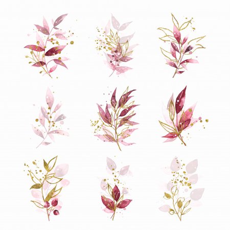 Free Vector | Watercolor gold hand painted botanical burgundy maroon leaves wedding bouquet