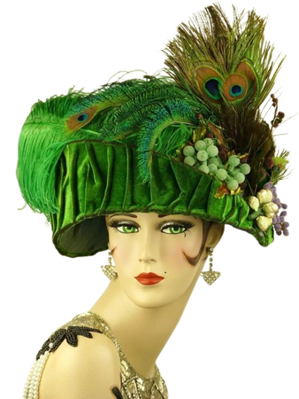 Vintage 1910s Edwardian Toque Green Velvet Ostrich Peacock Feathers & Hatpin Hat