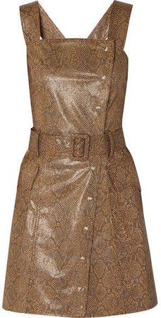 Lorena Belted Snake-effect Vegan Leather Mini Dress - Brown