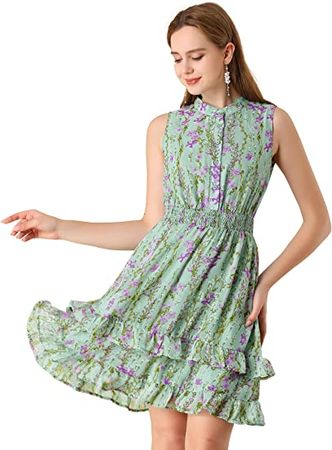 Allegra K Women's Floral A-line Smocked Waist Tiered Ruffled Chiffon Mini Dress at Amazon Women’s Clothing store