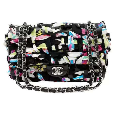 Chanel Black Lambskin and Silk Woven Ribbon Medium Flap Bag For Sale at 1stDibs