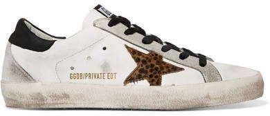 Superstar Distressed Leather, Suede And Leopard-print Calf Hair Sneakers - White