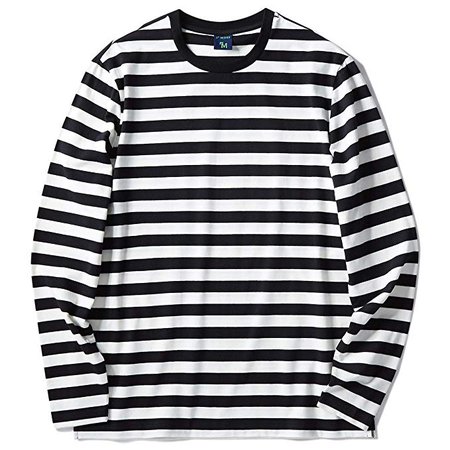 Zengjo Men's Casual Cotton Spandex Striped Crewneck Long-Sleeve T-Shirt Basic Pullover Stripe tee Shirt (XXL, Black&White Wide) | Amazon.com