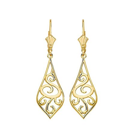 Solid 10k Yellow Gold Filigree Rattan & Leaf Design Dangle Earrings