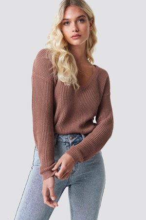 Deep Front V-neck Knitted Sweater Dusty Dark Pink | na-kd.com