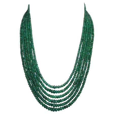 1980s Faceted 302ct Emerald And Diamond 6-Strand Necklace