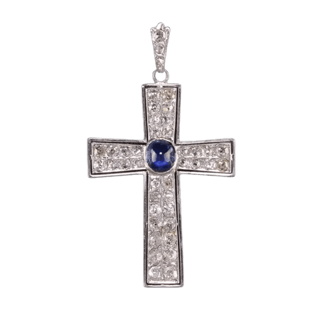 Platinum 1900 Antique Art Deco Platinum Old Mine Cut Diamond and Sapphire Cross Pendant