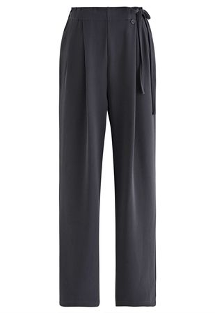 Side Drawstring Pleated Straight Leg Pants in Smoke - Retro, Indie and Unique Fashion