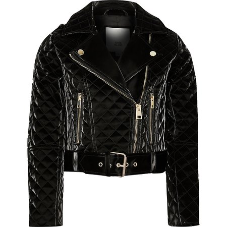 Girls black vinyl belted biker jacket | River Island