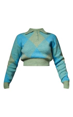 Blue Argyle Print Brushed Knit Jumper | PrettyLittleThing USA