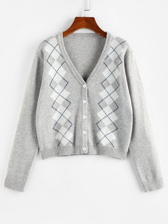 [33% OFF] 2020 ZAFUL Argyle Button Up Plunging Cardigan In GRAY | ZAFUL