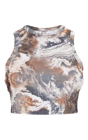 Brown Marble Print Rib Racer Vest | Tops | PrettyLittleThing