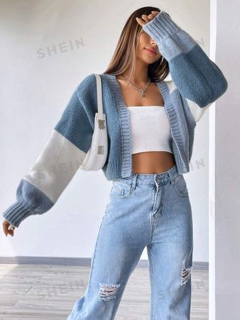 SHEIN Qutie Colorblock Drop Shoulder Duster Cardigan | SHEIN