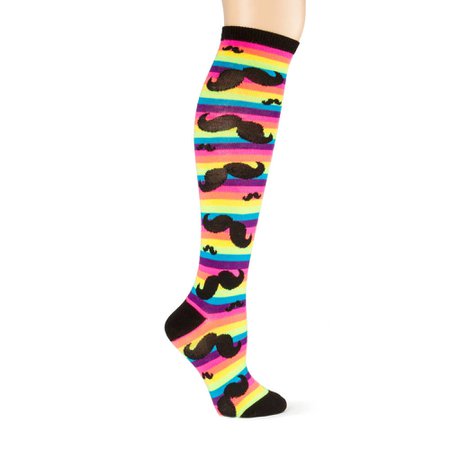 Rainbow Striped Knee Socks with Mustaches