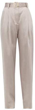 Blanche High Rise Cotton Blend Satin Trousers - Womens - Light Grey