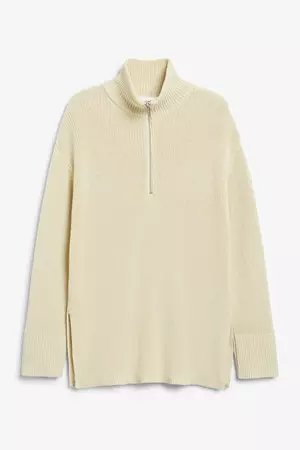 Beige long half zip knit sweater - Light beige - Monki WW