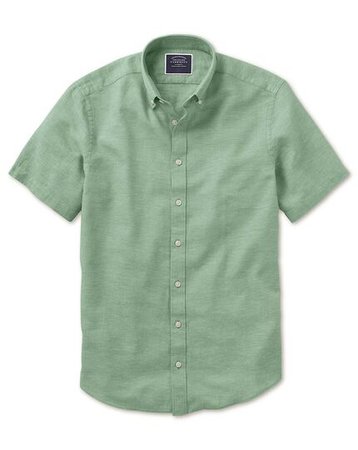 Classic fit green cotton linen twill short sleeve shirt | Charles Tyrwhitt