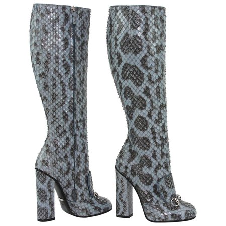 New GUCCI Campaign $3500 PYTHON Horsebit Knee High Boot Aquamarine 36.5 - 7 For Sale at 1stDibs | python horsebit knee boots, python horsebit knee boot, gucci knee high boots