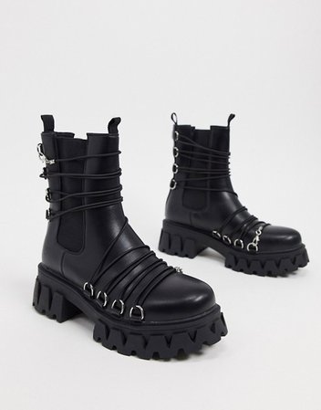 Koi Footwear Allegiance vegan chunky boots with yellow laces in black | ASOS