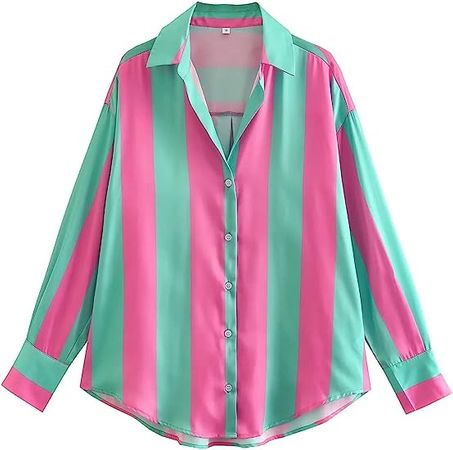 Yuiseaik Satin Button Down Shirts for Women Long Sleeve Silky Pinstripe Casual Blouse Summer Top (Small,GreenPink) at Amazon Women’s Clothing store