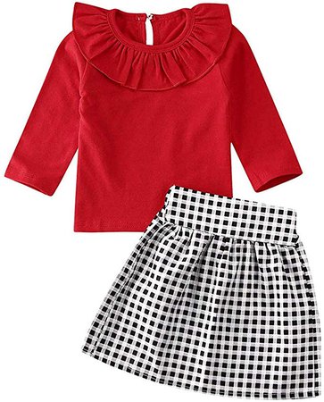 Amazon.com: Kids Toddler Girls Long Sleeve Red Ruffle Tops Shirts + Plaid Mini Skirts Dress Fall Clothes Outfits Set (Red, 2-3 Years): Clothing