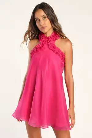 Pretty Hot Pink Dress - Ruffled Dress - Mini Halter Dress - Lulus
