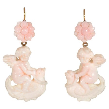 Victorian Carved Angel Skin Coral Pendant Earrings of Cupids on Birds For Sale at 1stDibs