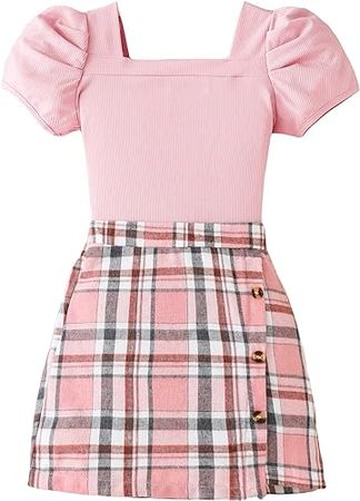 Amazon.com: Milumia Girl's Two Piece Outfits Ruffle Trim Short Sleeve T Shirt and Plaid Skirt Sets Multi Pink 10 Years: Clothing, Shoes & Jewelry