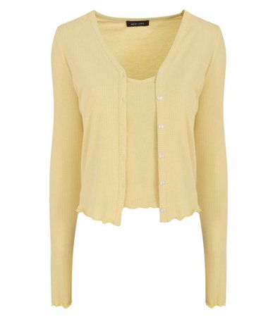 Pale Yellow Ribbed Cardigan and Cami Set | New Look
