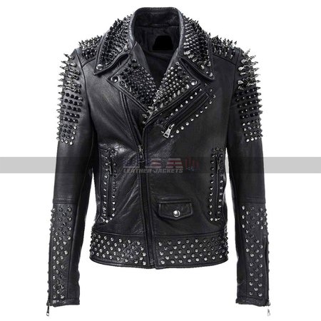Men's Punk Rock Silver Studded Black Biker Leather Jacket