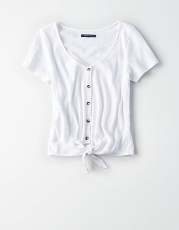 AE Pointelle Button-Down Tie-Front Tee, White | American Eagle Outfitters